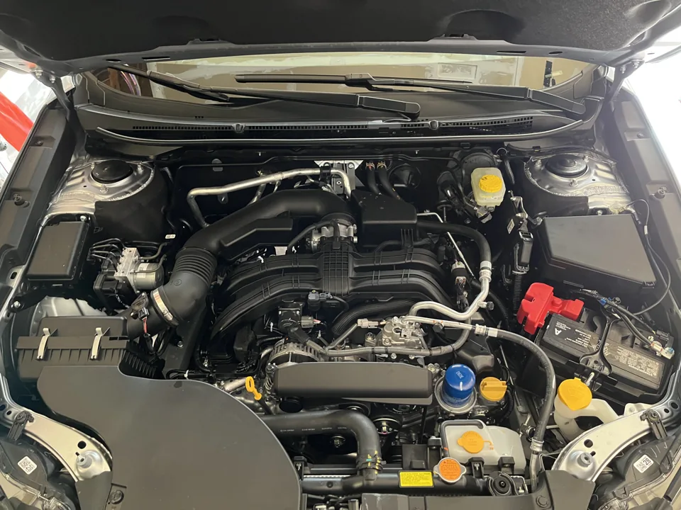 Vehicle engine bay with radiator cap, coolant reservoir and connected cooling-system hoses
